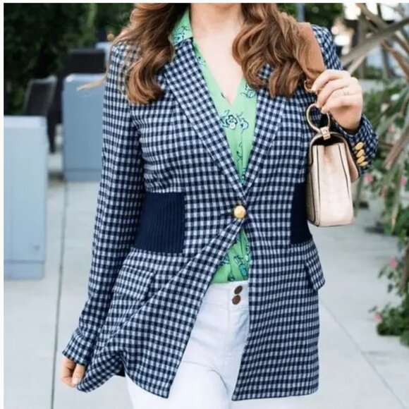 Cabi Checkup Knit Blazer Size Small 5848 Navy & Periwinkle blue equestrian - Picture 1 of 14